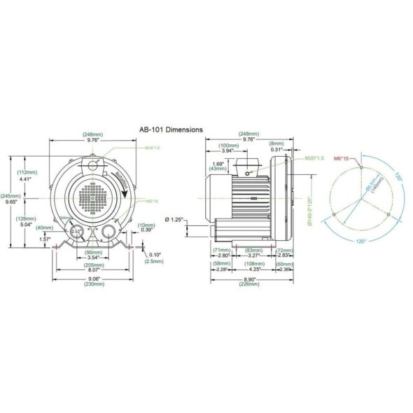Atlantic Blowers Single Stage Regenerative Blower 1.25 inch 64 CFM 1 Phase AB-101