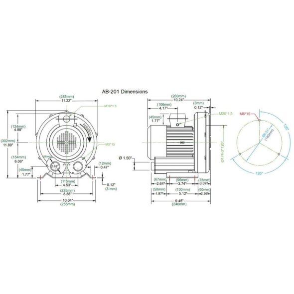 Atlantic Blowers Single Stage Regenerative Blower 1.5 inch 110 CFM 1 Phase AB-201