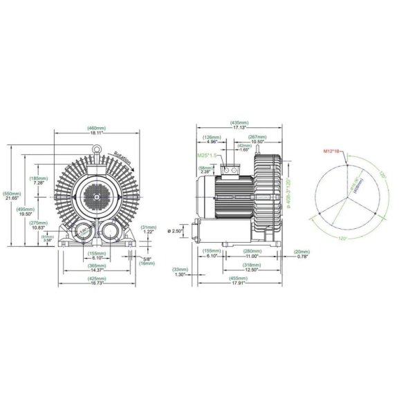 Atlantic Blowers Single Stage Regenerative Blower 2.5 inch 399 CFM 3 Phase AB-800