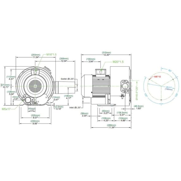 Atlantic Blowers Two Stage Regenerative Blower 1.25 inch 58 CFM 1 Phase AB-102/1