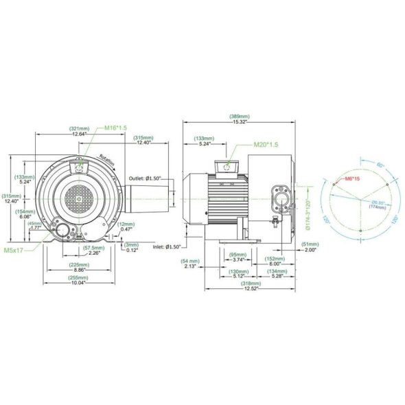 Atlantic Blowers Two Stage Regenerative Blower 1.5 inch 113 CFM 1 Phase AB-302/1