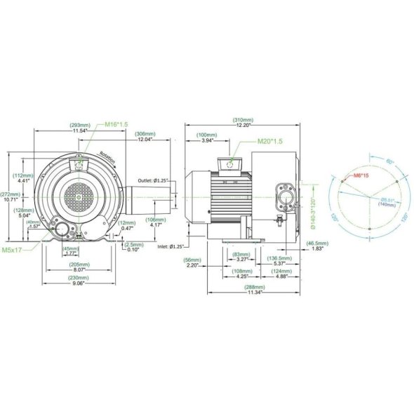 Atlantic Blowers Two Stage Regenerative Blower 1.25 inch 64 CFM 3 Phase AB-202