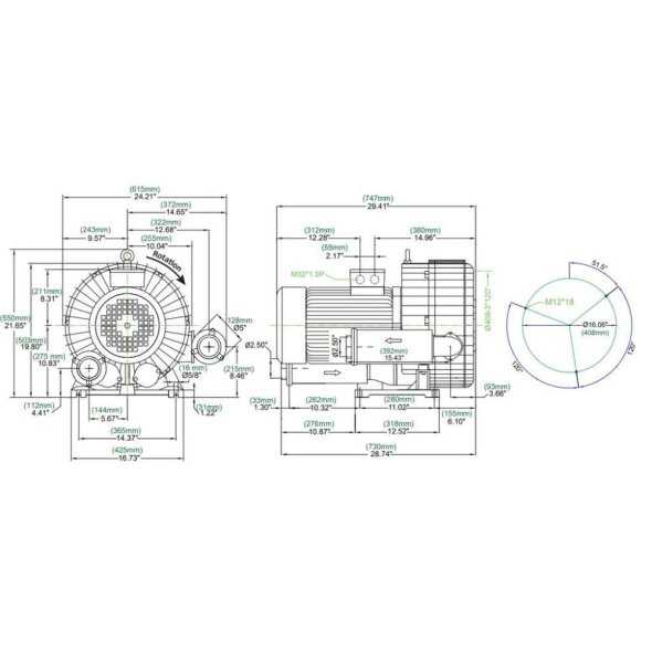 Atlantic Blowers Two Stage Regenerative Blower 2.5 inch 399 CFM 3 Phase AB-1102