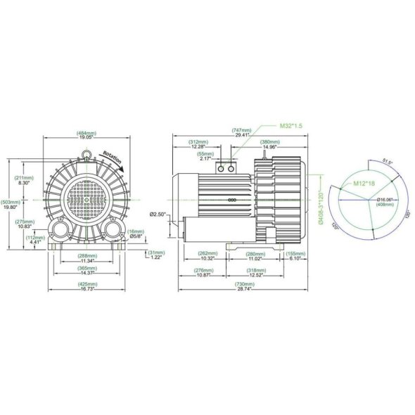 Atlantic Blowers Two Stage Regenerative Blower 2.5 inch 776 CFM 3 Phase AB-1402