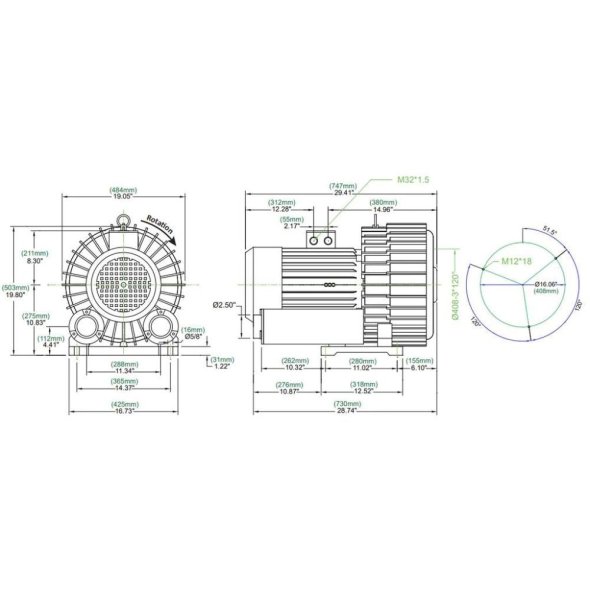 Atlantic Blowers Two Stage Regenerative Blower 2.5 inch 776 CFM 3 Phase AB-1602