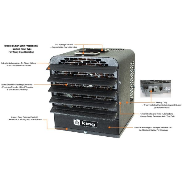 King PKB-FM Industrial Portable Unit Heater w/ 6 Ft Cord 25591 BTU 240V 1 Ph PKB2407-1-T-FM