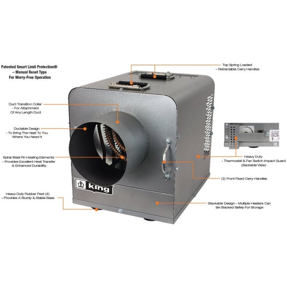 King's PKB-DT Ductable Industrial Portable Unit Heater w/ 6 Ft Cord 34121 BTU 240V 1 Ph PKB2410-1-T-DT-FM